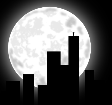 Imagen de la luna detras de unos edificios