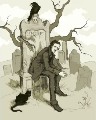 Imagen de Edgar Allan Poe en un cementerio