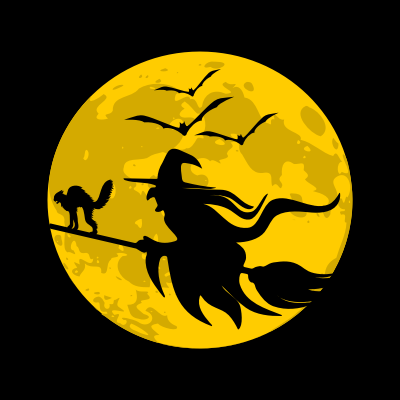 Bruja volando con gato durante la luna llena